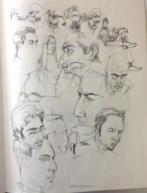 Pencil drawing of various people.
